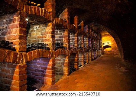 Long exposure of wine cellar with many kinds of wine bottles