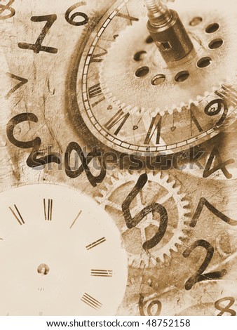 Grunge clock background with time machines tools and flying numbers.Sepia colors.