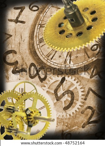 Grunge clock background with time machines tools and flying numbers