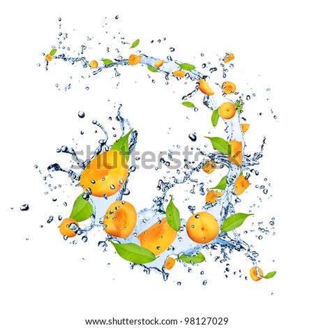 Fresh apricots falling in water splash, isolated on white background