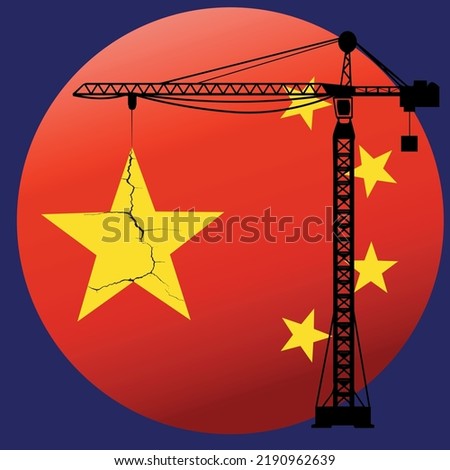 vector icon with the Chinese flag, Construction crane and a crack as a symbol of the crisis in real estate China	