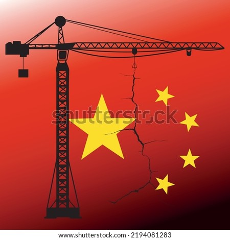 vector icon with the Chinese flag, Construction crane and a crack as a symbol of the crisis in real estate China	
