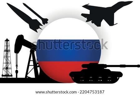 Russia flag badge with oil pump, tank, missile, fighter vector