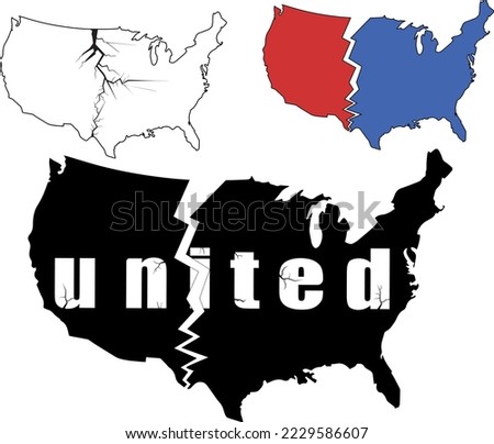 map of america USA divided or separated into two parts - as a symbol of incitement to crisis and chaos of division in country.