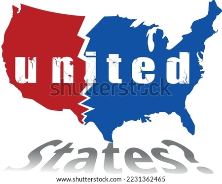 map of america USA divided or separated into two parts - as a symbol of incitement to crisis and chaos of division in country, word united in cracks and falling apart vector 