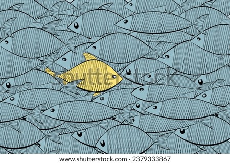 school of fish is the same blue and one yellow against the current - abstract society, ordinary, vision be different, unique personality or standing out from the crowd, leadership quality