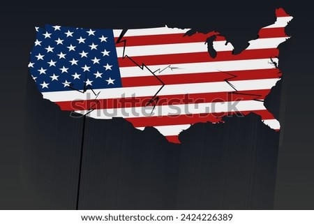 map of America USA divided into parts, destruction - as a symbol of political crisis, collapse, chaos of elections,  division in country.