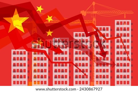 Chinese Economic crisis in the real estate market, flag of China New empty apartment buildings