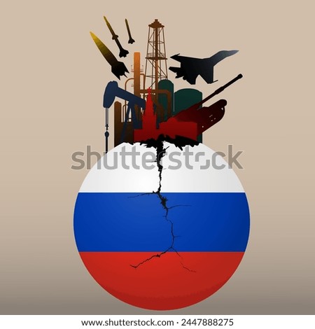 economic crisis, Refinery destruction, military industry and collapse, sanctions in Russia. Russian  flag ball cracked