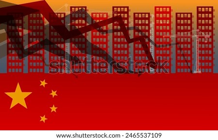 Chinese property sector crisis, financial crisis, China's Real Estate slump, flag of China and stock market decline	