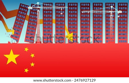 Chinese property sector crisis, financial crisis, China's Real Estate slump, flag of China and stock market decline	