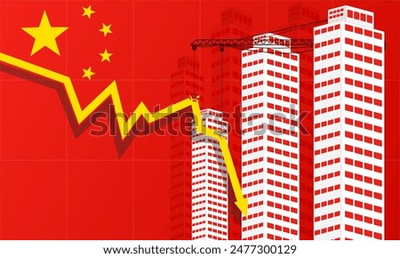 Chinese property sector crisis, financial crisis, China's Real Estate slump, flag of China and stock market decline	