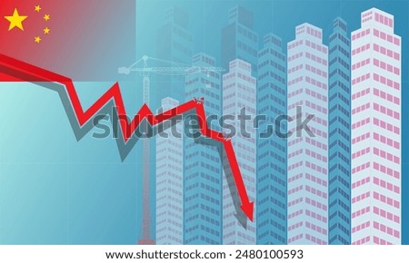 economic decline chart Chinese property sector crisis, financial crisis, China's Real Estate slump, flag of China and stock market down