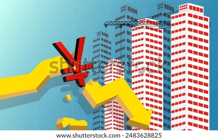 Yuan currency symbol economic decline chart Chinese property sector crisis, financial crisis, China's Real Estate slump, flag of China and stock market down