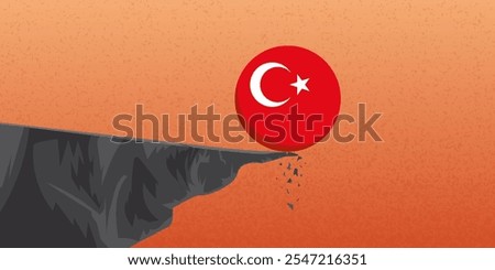 Turkish economic crisis concept. Turkey flag ball fall off cliff, official currency Lira Hyperinflation