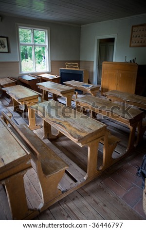 Old fashioned school room with wooden desks  in Skansen, Stockholm, Sweden.