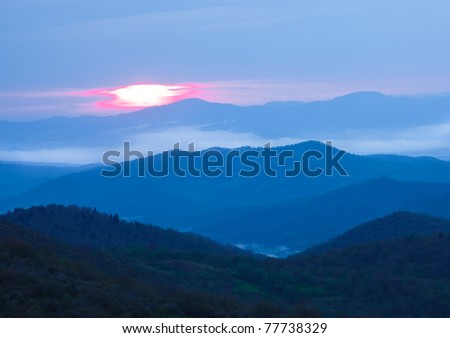 Sunrise over Blue Ridge Mountains on stormy day