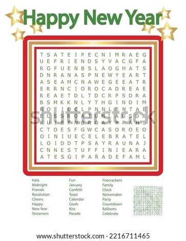 New Year Word Search Puzzle, Fun Party Game, Invitation Illustration, Promo, Promotion, Happy New Year Greeting Card, Fun Activity for Kids and Adults