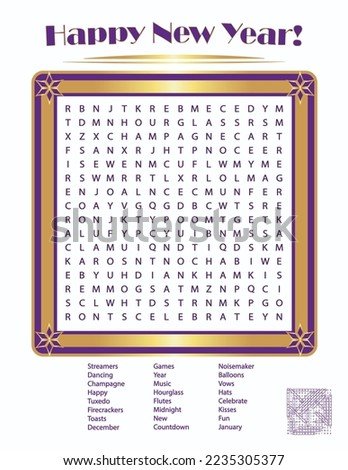 Happy New Year Word Search with Answers, Fun Party Game, Word Puzzle, Invitation, Greeting Card Illustration, Promo, Promotion, Festive, Gold, Purple