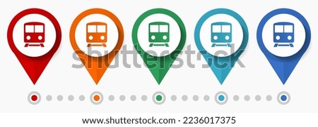 Subway, train, public transport concept vector icon set, flat design metro pointers, infographic template easy to edit