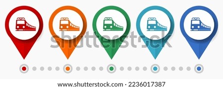 Subway, metro, public transport concept vector icon set, flat design train pointers, infographic template easy to edit