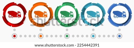 Concrete mixer, vehicle concept vector icon set, modern design abstract web buttons in 5 color options, infographic template for webdesign and mobile apps