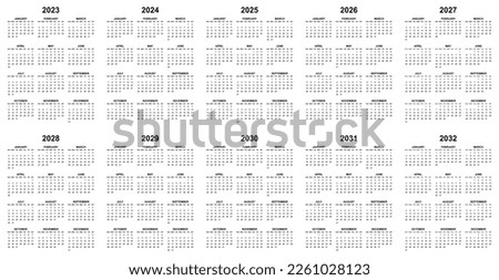 Simple editable vector calendars for year 2023, 2024, 2025, 2026, 2027, 2028. 2029, 2030, 2031, 2032 sundays in black first, easy to edit and use