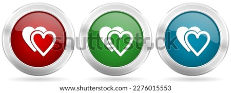 Love vector icon set. Red, blue and green silver metallic web buttons with chrome border