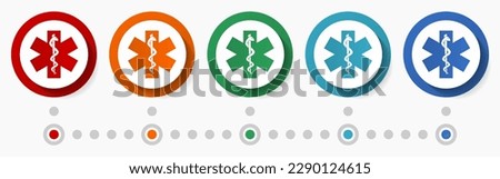 Hospital, emergency concept vector icon set, flat design colorful buttons, infographic template in 5 color options