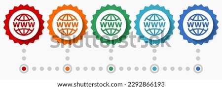 Web, www and internet vector icon set, colorful infographic template, set of flat design badge icons in 5 color options