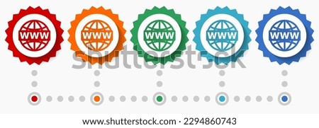 Web, www and internet vector icon set, colorful infographic template, set of flat design badge icons in 5 color options