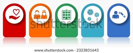 Medical icon set, miscellaneous vector icons such as doctor, nurse, hospital, help and flu, modern design infographic template, web buttons in 5 color options