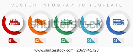 Transport icon set, miscellaneous icons such as bulldozer, concrete mixer, truck and delivery, flat design vector infographic template, web buttons in 5 color options