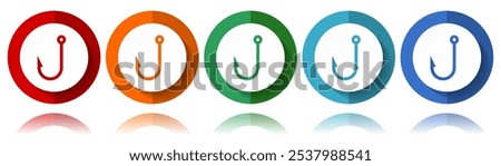 Fishing hook vector icons, flat icon set for logo design, webdesign and mobile applications, colorful web button collection in eps 10