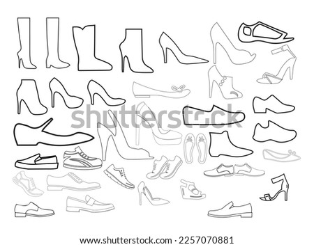 Technical drawing footwear vector illustration. Shoes Icon Vector Art. man and women shoes outline design art. black and white design.