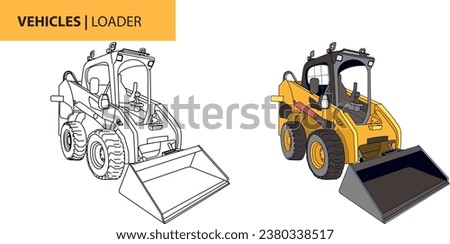 Heavy loader vehicle for construction use, line art and colored. 