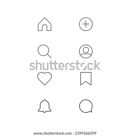 A set of social media vector icons, Home, Search, Heart, Bell, Plus, User, Save, Comment, vector illustration