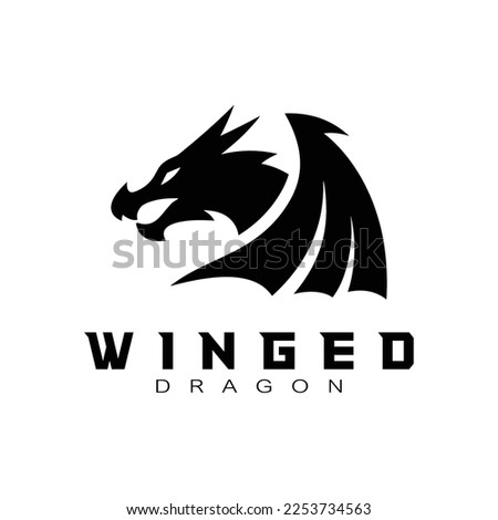 Dragon head wing wyvern silhouette logo design. Winged dragon vector icon in black and white color