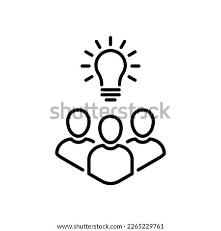 thin line insight icon with group of people and black bulb. outline flat trend modern logo graphic stroke art design isolated on white. concept of scholars or scientists and students or genius