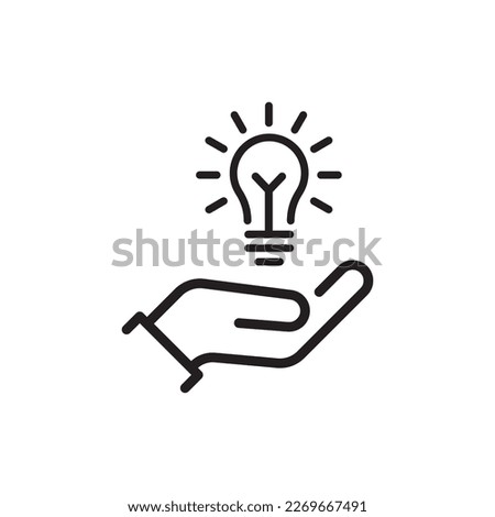 thin line hand holding lightbulb like expertise. linear trend modern simple lineart knowledge logotype stroke art design element isolated on white. concept of startup symbol or think outside the box