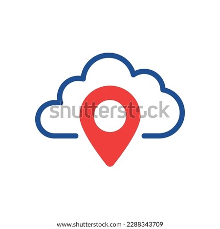 data server location like linear cloud with pinpoint. flat trend modern logotype graphic stroke design web element isolated on white. concept of info content share badge or global database pictogram