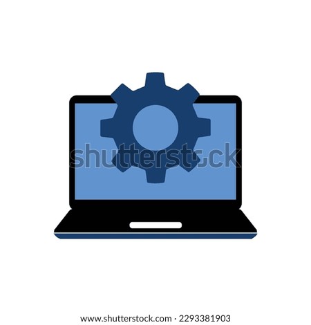 blue laptop with gear icon like tech support. flat trend modern simple logotype design web element isolated on white background. concept of development or devops service badge and download program