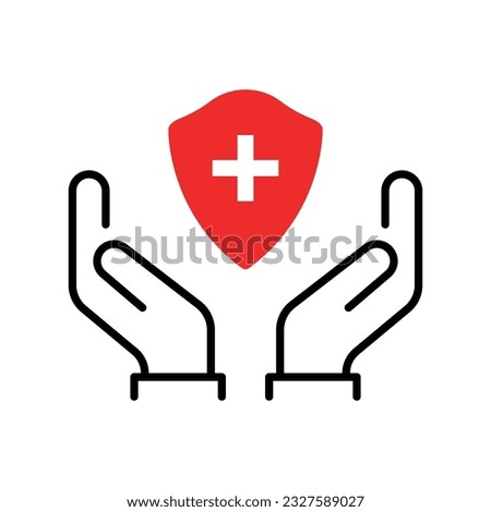 red shield and cross with two thin line hands. concept of charity foundation or non profit organization emblem. simple flat trend cupped logotype graphic stroke art design element isolated on white
