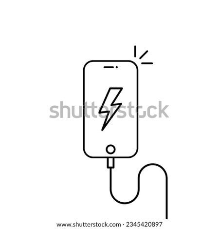 black linear phone with charging cable. stroke flat simple style trend modern logo graphic design lineart art isolated on white background. concept of easy gadget recharge and full charge of mobile
