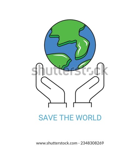 thin line hand holding earth. concept of sustainable biosphere saving for next generation. flat simple style trend modern save the world logotype graphic linear art design isolated on white background
