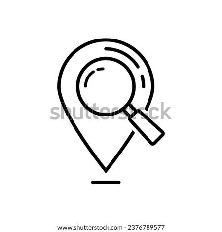 location search icon, map searching, magnifying glass with locator, thin line symbol on white background - editable stroke vector illustration