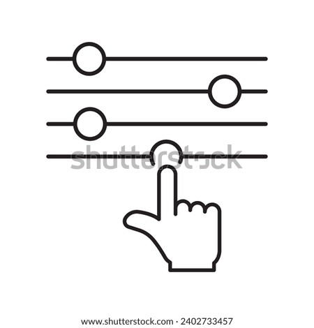 Control Panel and Pointer Line Icon. Adjustment Button with Hand Linear Pictogram. Control Panel Outline Icon. Multimedia adjusting symbol. Editable Stroke. Isolated Vector Illustration.