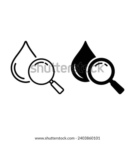 Water Research Silhouette and Line Icon Set. Magnifying Glass with Drop Water Black Pictogram. Laboratory Microbiology Test. Quality Analysis of Liquid Sign Collection. Isolated Vector Illustration.