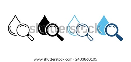 Water Research Silhouette and Line Icon Set. Magnifying Glass with Drop Water Black and Color Pictogram. Laboratory Test. Liquid Quality Analysis Sign Collection. Isolated Vector Illustration.