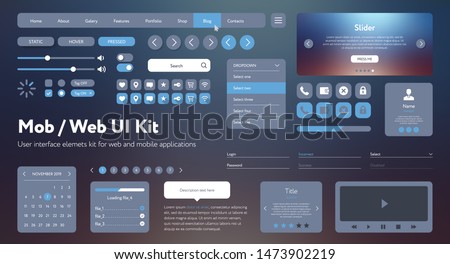 Flat Mobile Web UI Kit. Universal user interface for designing responsive websites, mobile apps. Gradient background. Different UX, GUI screens with buttons, slider, menu template. Modern space style.